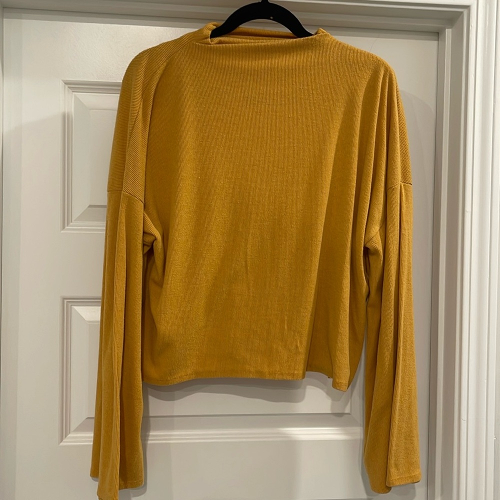 Mikey + Joey Mustard yellow mock neck bell sleeve soft sweater